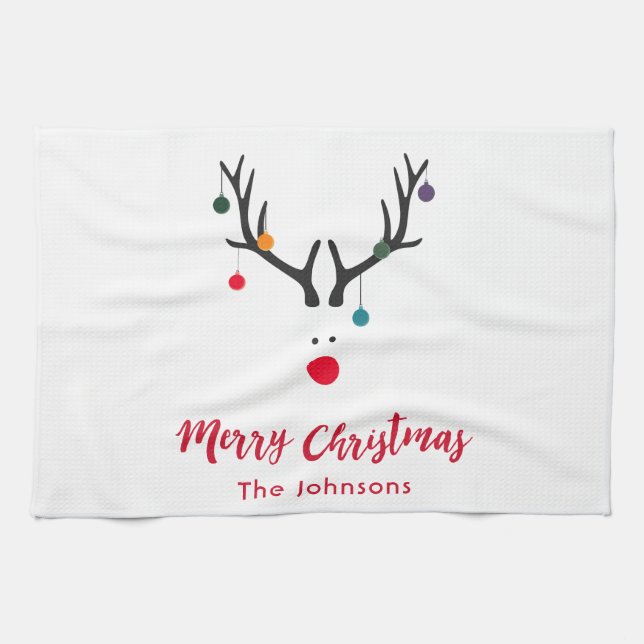Modern funny cute Christmas reindeer on white Tea Towel (Horizontal)