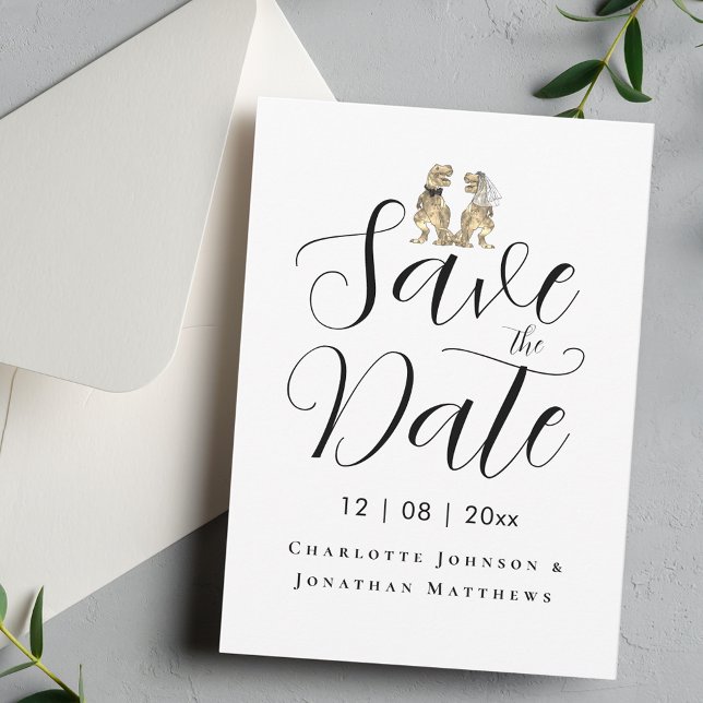 Modern Funny Dinosaur Themed Wedding Save The Date (Funny dinosaur theme wedding save the date invitation elegant script T-Rex dino bride and groom)