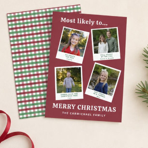 Modern Funny Family Photos Red Green Check Holiday Card