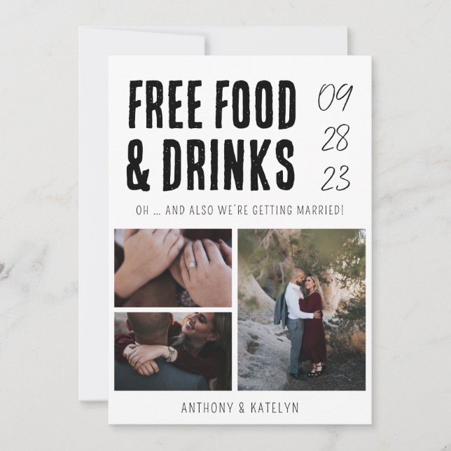 Modern Funny Free Food & Drinks Wedding 3 Photo  Save The Date (Front)