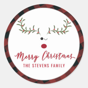 Modern funny holly reindeer script Merry Christmas Classic Round Sticker