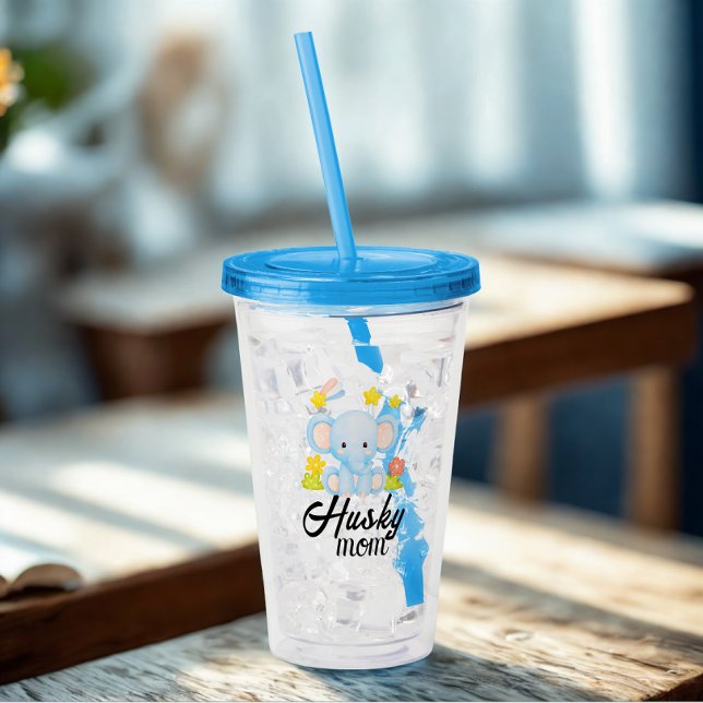 Modern Funny Husky Mum Cute Elephant Acrylic Tumbler (Modern husky mom cute elephant)