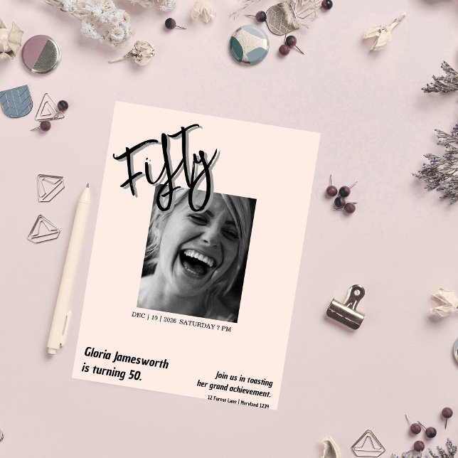 Modern Funny Light Pink Photo 50th Birthday  Invitation (Creator Uploaded)