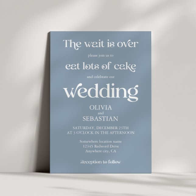 Modern Funny Minimalist Script Dusty Blue Wedding Invitation (Creator Uploaded)