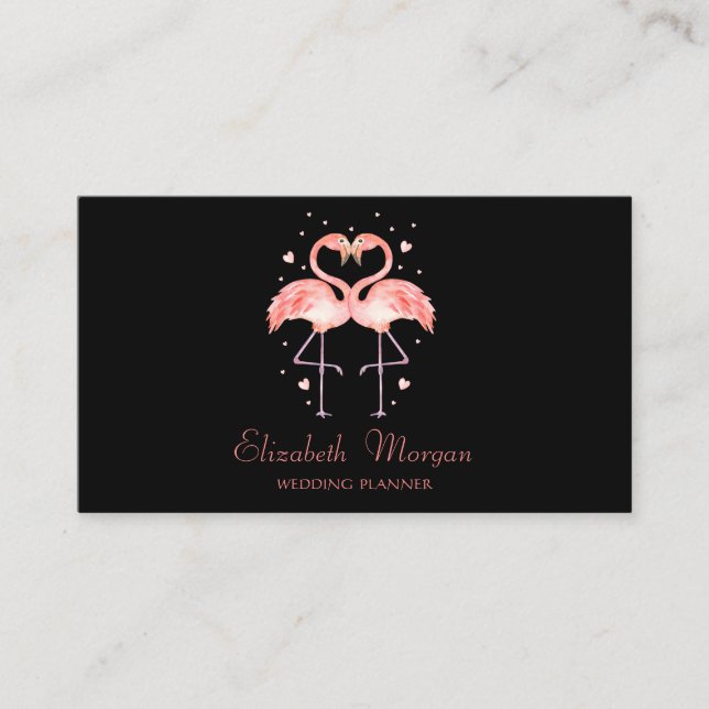 Modern Funny,Pink Flamingos In Love,Hearts,Black Business Card (Front)