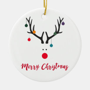 Modern funny reindeer on white Merry Christmas Ceramic Tree Decoration