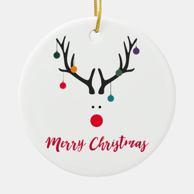 Modern funny reindeer on white Merry Christmas Ceramic Tree Decoration (Front)