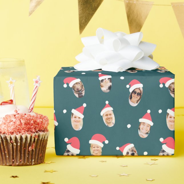 Modern Funny Santa Hats Nine Family Photos Wrapping Paper (Birthday Party)