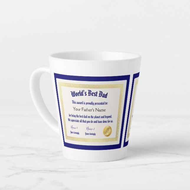 Modern Funny World's Best Dad Certificate  Latte Mug (Left Angle)