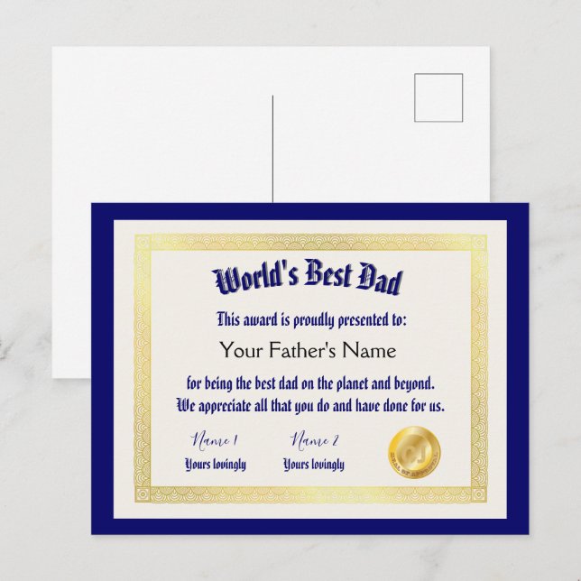 Modern Funny World's Best Dad Certificate  Postcard (Front/Back)