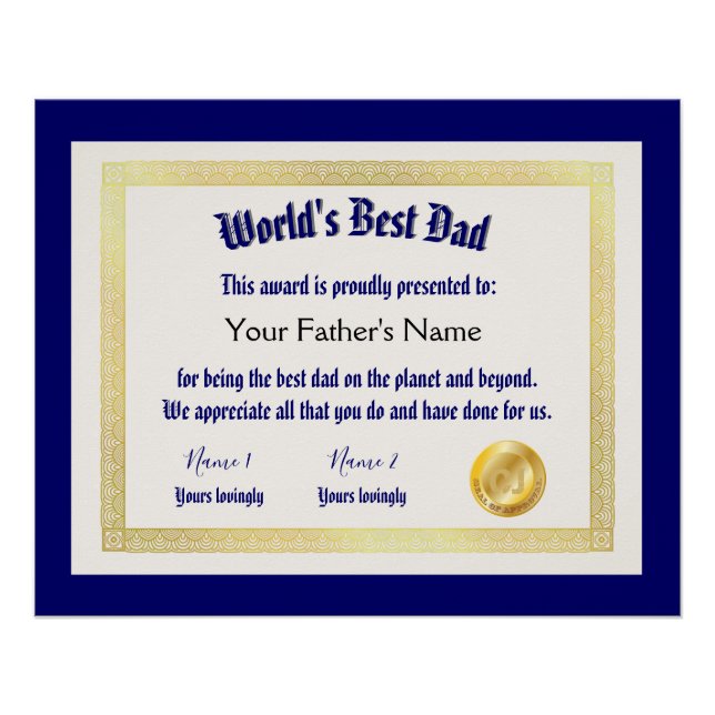 Modern Funny World's Best Dad Certificate  Poster (Front)