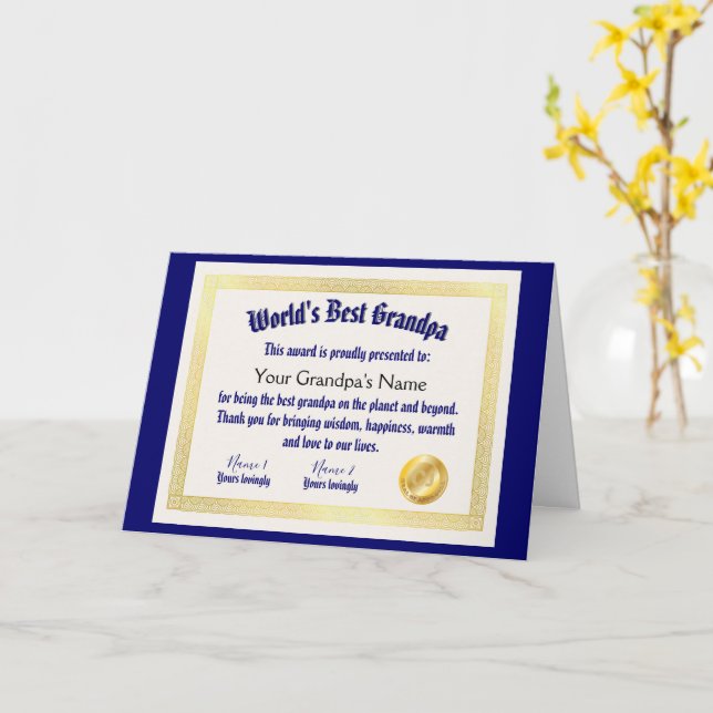 Modern Funny World's Best Grandpa Certificate Card (Yellow Flower)