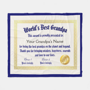 Modern Funny World's Best Grandpa Certificate Fleece Blanket