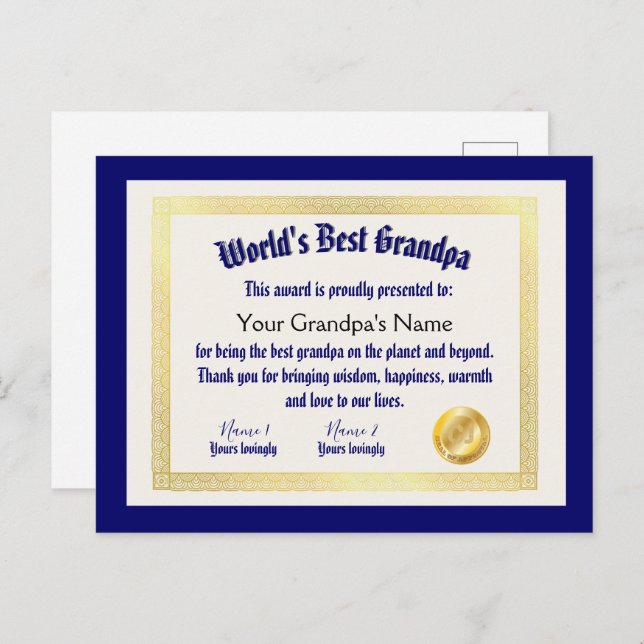 Modern Funny World's Best Grandpa Certificate Postcard (Front/Back)