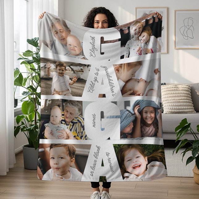 Modern Gaga Photo Collage & Grandkids' Names Fleece Blanket (Creator Uploaded)