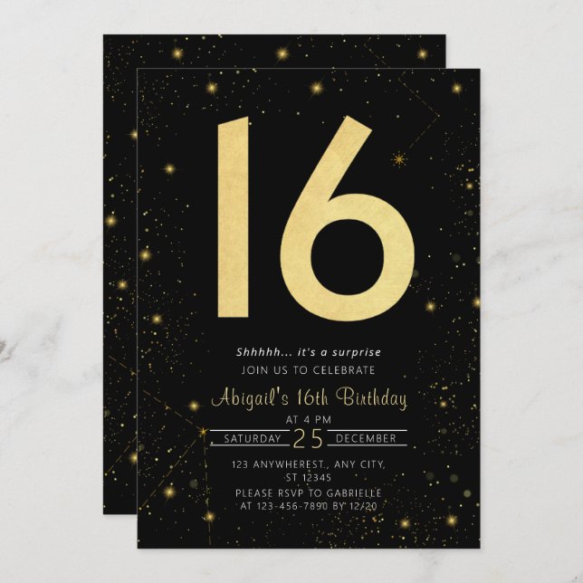 Modern Galaxy Black Gold Sweet 16th Birthday Party Invitation (Front/Back)