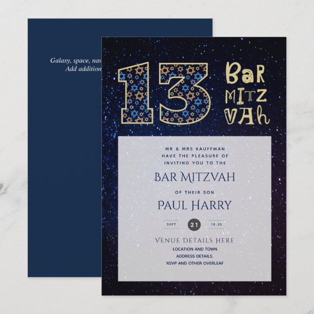 Modern Galaxy Blue BAR MITZVAH Invitations (Front/Back)