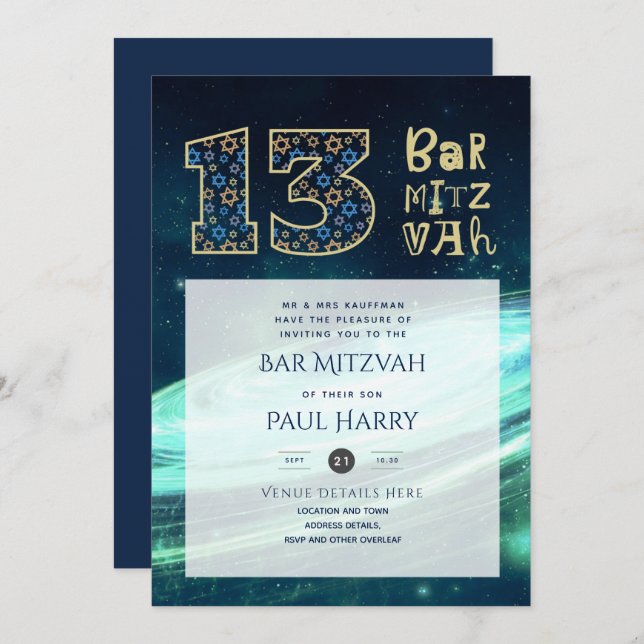 Modern Galaxy Blue BAR MITZVAH Invitations (Front/Back)