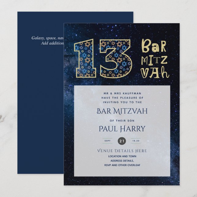 Modern Galaxy Blue BAR MITZVAH Invitations (Front/Back)