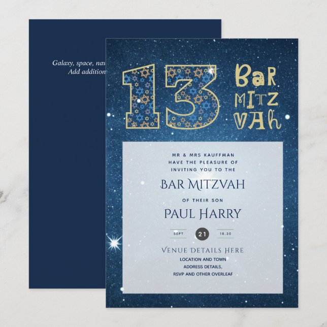 Modern Galaxy Blue BAR MITZVAH Invitations (Front/Back)