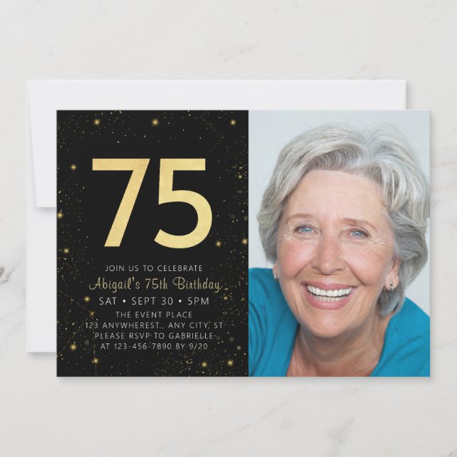 Modern Galaxy Photo Black Gold 75th Birthday Party Invitation (Front)
