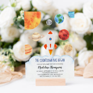 Modern Galaxy Planets Space Rocket Baby Shower Acrylic Invitations