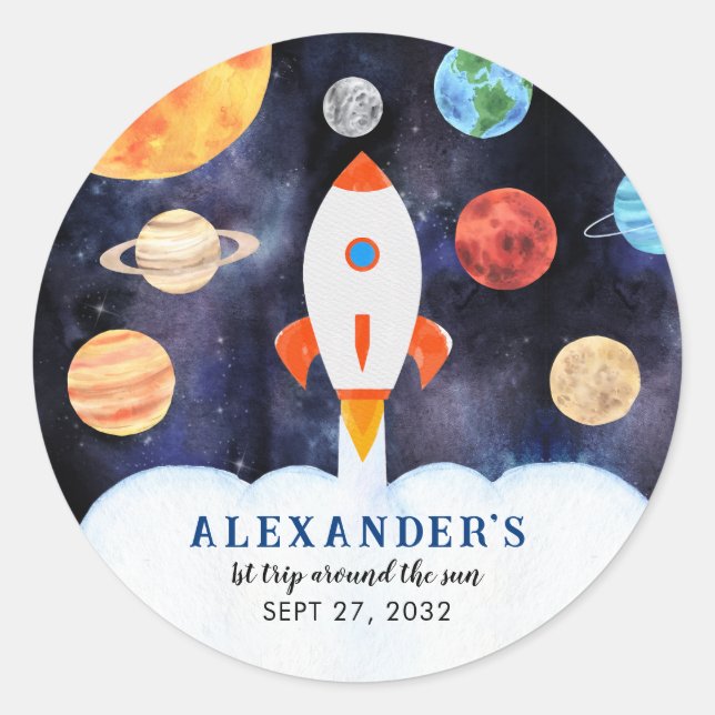Modern Galaxy Planets Space Rocket Kids Birthday Classic Round Sticker (Front)