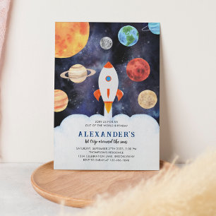 Modern Galaxy Planets Space Rocket Kids Birthday Invitation