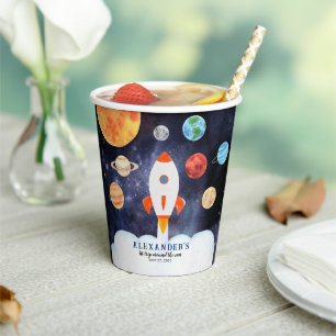 Modern Galaxy Planets Space Rocket Kids Birthday Paper Cups