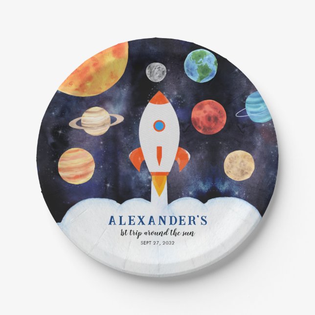 Modern Galaxy Planets Space Rocket Kids Birthday Paper Plate (Front)