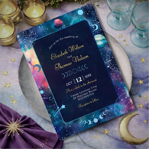 Modern galaxy space moon phases celestial wedding invitation