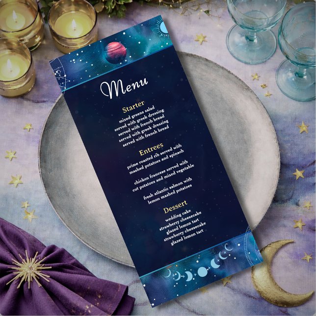 Modern galaxy space moon phases celestial wedding menu (Creator Uploaded)