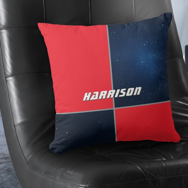 Modern Galaxy Space Red Navy Personalised Cushion (A personalized throw pillow with red and navy space themed design. Ideal for gamers and sci-fi fans)