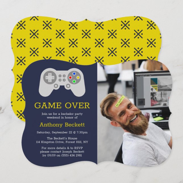 Modern Game Over Photo Bachelor Party Invitations (Front/Back)