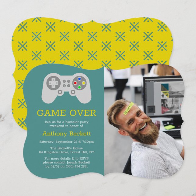 Modern Game Over Photo Bachelor Party Invitations (Front/Back)