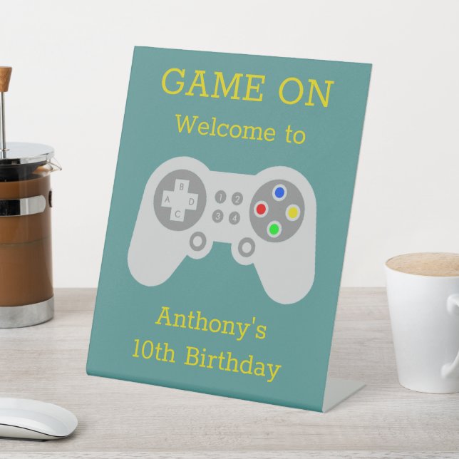 Modern Gamer Any Age Birthday Party Welcome Pedestal Sign (In SItu)