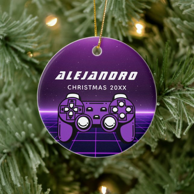 Modern Gamer Purple Futuristic Gaming Console Name Ceramic Tree Decoration (Tree)