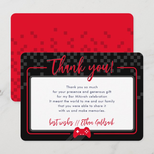 MODERN GAMING THANKS Bar Mitzvah black red Thank You Card (Front/Back)