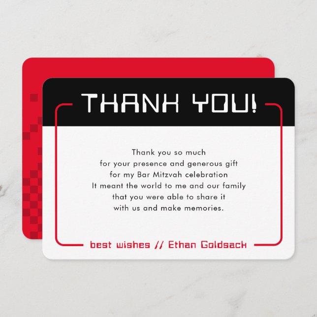 MODERN GAMING THANKS Bar Mitzvah cool black red Thank You Card (Front/Back)