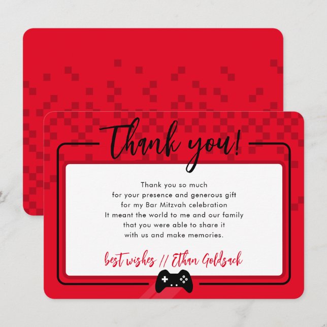 MODERN GAMING THANKS Bar Mitzvah red black Thank You Card (Front/Back)