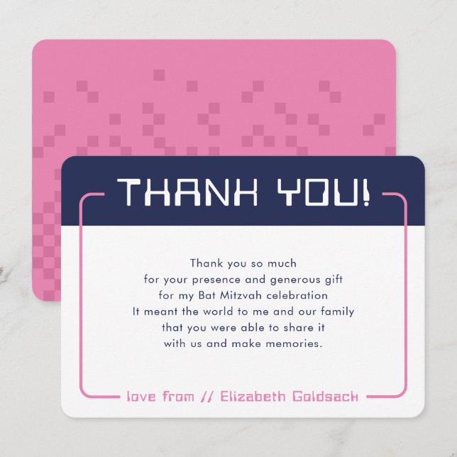 MODERN GAMING THANKS Bat Mitzvah navy blue pink Thank You Card (Front/Back)