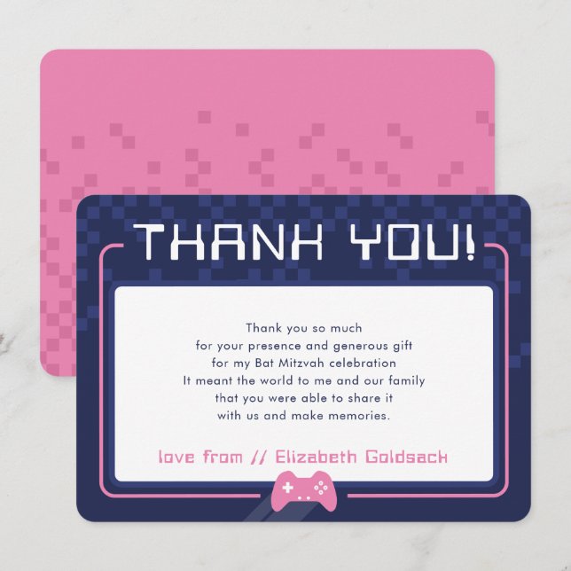 MODERN GAMING THANKS Bat Mitzvah navy blue pink Thank You Card (Front/Back)