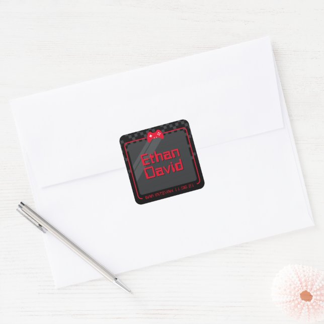 MODERN GAMING trendy cool fun black red Square Sticker (Envelope)