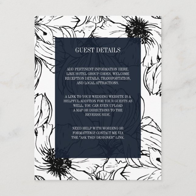 Modern Garden | Blue Floral wedding Guest Details Enclosure Card (Front)