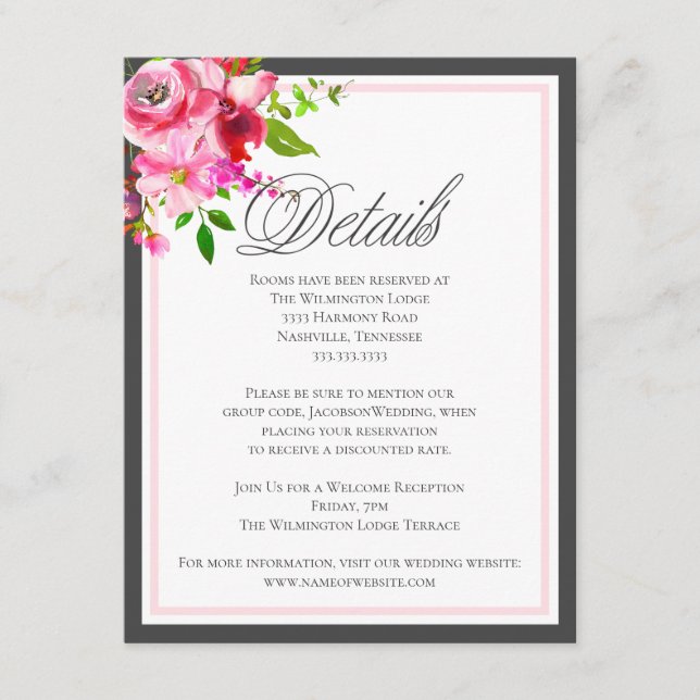 Modern Garden Flower Wedding Details Grey Enclosure Card (Front)