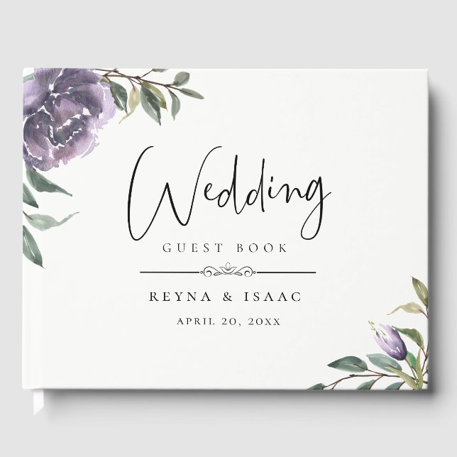 Modern Garden Violet Floral Wedding Guest Book (Front)