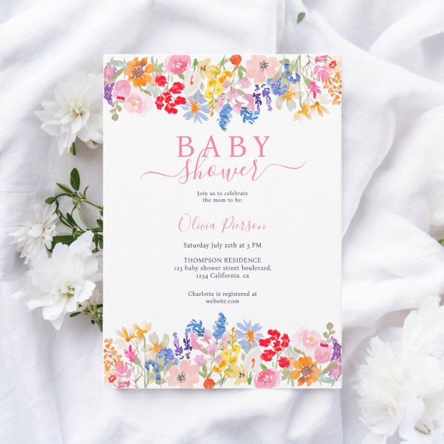 Modern garden wildflowers script baby shower invitation (Modern garden wildflowers script baby shower invitation)