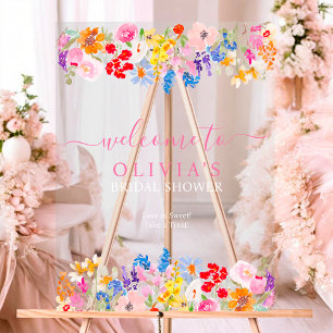 Modern garden wildflowers script bridal welcome acrylic sign