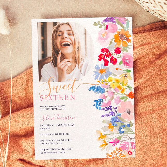 Modern garden wildflowers script Sweet 16 Invitation (Creator Uploaded)