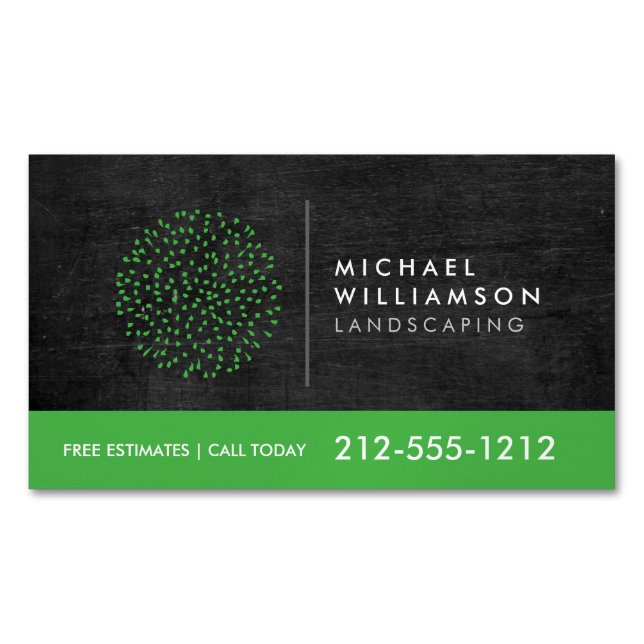 Modern Gardener Landscaping Shrub Logo Black Wood Magnetic Business Card (Front)